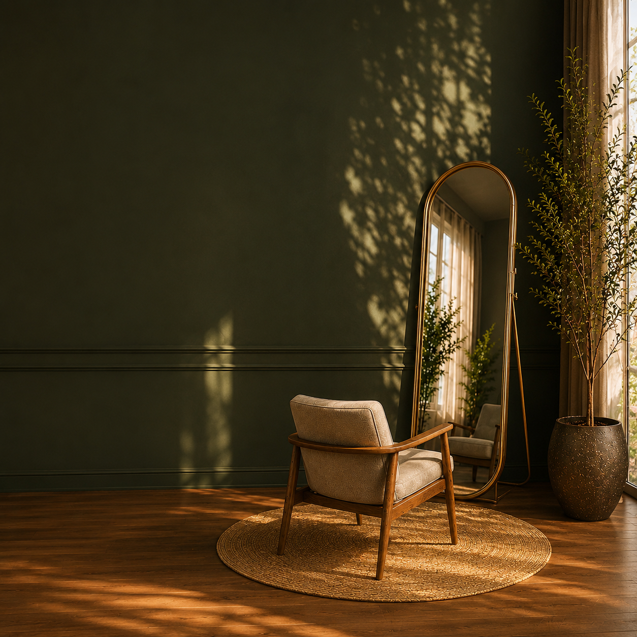 A quiet room with a mirror and morning light
